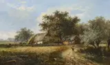 Cornfields before thatched cottages by Joseph Thors, oil on canvas, sold Nov 2023