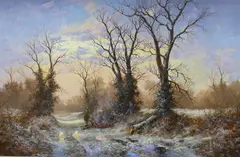 Winter bonfire by Noel Ripley, oil on board, sold Nov 2023