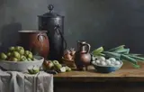 Still life of vessels by Nicholas Moreau, oil on canvas, offered Nov 2023