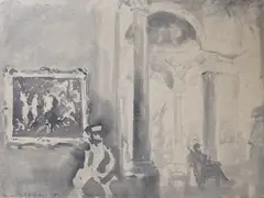 Interior of the National Gallery, London 1950 by Marian Kratochwil, watercolour, sold Nov 2023