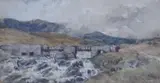 Highland river with bridge and distant hills by Edmund Morison Wimperis, watercolour, offered Nov 2023