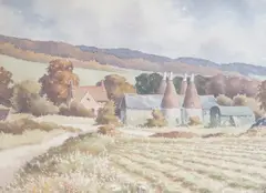 Oast houses and furrowed field, Kent by Ray Campbell-Smith, watercolour, offered Nov 2023