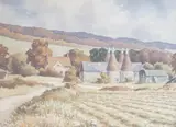 Oast houses and furrowed field, Kent by Ray Campbell-Smith, watercolour, offered Nov 2023