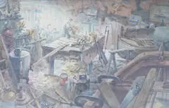 The Workshop by Arthur Miles, 1969, watercolour, offered Nov 2023