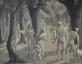 En grisaille by E. M. Watts, 1935, oil on board, offered Nov 2023