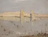 Colossi of Memnon by Dafni Poizet, oil on board, sold Nov 2023