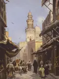 Cairo street scene with figures by Dafni Poizet, oil on board, sold Nov 2023