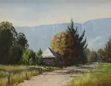 Mountainous landscape with chalets by Joe Huber, oil on board, offered Nov 2023