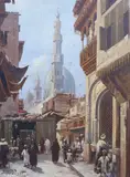 Cairo street scene with figures by Dafni Poizet, oil on board, sold Nov 2023
