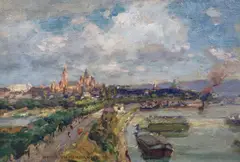 City view by Heinrich Hermanns, oil on canvas board, sold Nov 2023