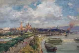 City view by Heinrich Hermanns, oil on canvas board, sold Nov 2023