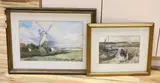Landscape with windmill and Coastal scene with by Henry Gillard Glindoni, watercolor, sold Nov 2023