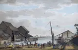 Unloading at a wharf by Charles Tomkins, 1801, ink and watercolour, offered Nov 2023