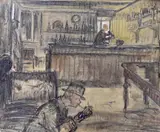 Pub interior by John Rankine Barclay, pencil and watercolour, sold Nov 2023