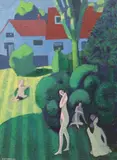 Nude sunbathing by Alan Tabrum, 2000, oil on board, sold Nov 2023