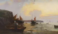 Coastal scene with moored boats and by W. Richards, oil on canvas, sold Nov 2023
