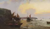 Coastal scene with moored boats and by W. Richards, oil on canvas, sold Nov 2023
