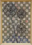 Dried Allium heads and geometric squares by Talbot Hicks, oil on board, sold Nov 2023