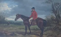 Huntsmen on horseback by Byron Webb, oil, sold Nov 2023