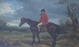Huntsmen on horseback by Byron Webb, oil, sold Nov 2023