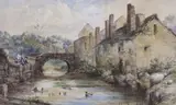 Bridge over stream with children fishing by Frederick Davis, 1870, watercolour, sold Nov 2023