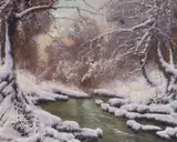 Snowy river landscape by Josef Demude, oil on canvas, sold Nov 2023