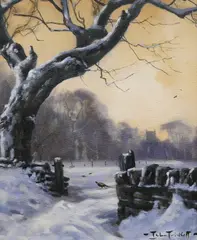 Winter landscape with pheasants by John Trickett, oil on canvas board, sold Nov 2023