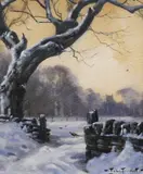 Winter landscape with pheasants by John Trickett, oil on canvas board, sold Nov 2023