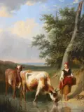 Cattle drover and cows by Edmond Jean-Baptiste Tschaggeny, oil on wood, sold Nov 2023