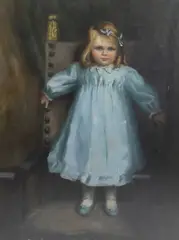 Portrait of a girl wearing a blue dress standing upon by Helen Donald-Smith, oil on canvas, sold Nov 2023