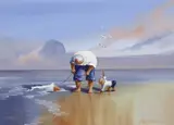 Beach scene with figures by John Horsewell, gouache, sold Nov 2023