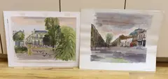 Cheltenham street scenes by Robert Tavener, ink and watercolours, sold Nov 2023