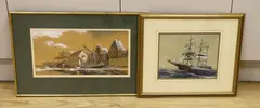 Clipper ship and Dockland scene by Ronald Dean, watercolor, sold Nov 2023