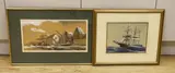 Clipper ship and Dockland scene by Ronald Dean, watercolor, sold Nov 2023