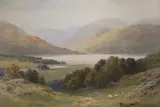 Mountainous landscape with sheep grazing by Alfred Powell, watercolour, sold Nov 2023