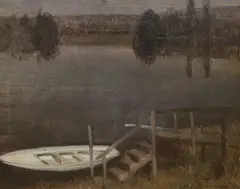 Dusk at the river mooring by Harold Speed, oil on canvas, sold Oct 2023