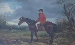 Huntsmen on horseback by Byron Webb, oil, sold Oct 2023