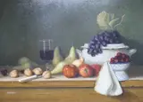 Still life of fruit and vessels by Robert McKellar, oil on board, sold Oct 2023