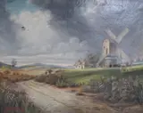 Rural landscape with windmill and cottage by William Richard Bunting, 1904, oil on canvas, offered Oct 2023