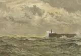 Seascape with jetty and lighthouse by Sydney Robertson-Rodger, oil on canvas, sold Oct 2023