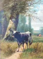 Study of cows in a landscape by William Frederick Hulk, oil on board, sold Oct 2023