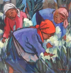 Harvesters by Hennie Niemann, oil on card, sold Oct 2023