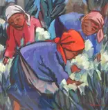 Harvesters by Hennie Niemann, oil on card, sold Oct 2023