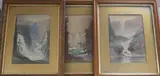 Waterfalls and Continental harbour scene by T Hart, watercolor, sold Oct 2023
