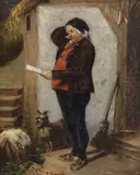 Interior scene with gentleman and dog by J Bowers, oil on canvas, sold Oct 2023