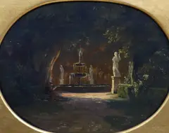 Classical statues and fountain by Thorald Læssøe, oil on canvas, sold Oct 2023
