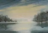 Misty morning, from a memory of a Shropshire Mere by Jane Stevens, 1976, watercolour, sold Oct 2023