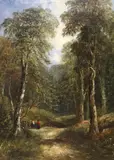 Woodland scene with two seated figures by Henry Pilleau, oil on canvas, sold Oct 2023