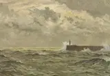 Seascape with jetty and lighthouse by Sydney Robertson-Rodger, oil on canvas, sold Oct 2023