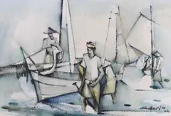 Figures and sailing boats by Seah Kim Joo, watercolour, sold Oct 2023